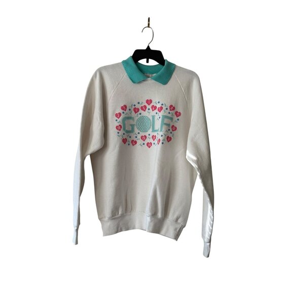 Vintage Cross Stitch Golf Print Sweatshirt With Collar XL White Teal Made In USA - Picture 10 of 12